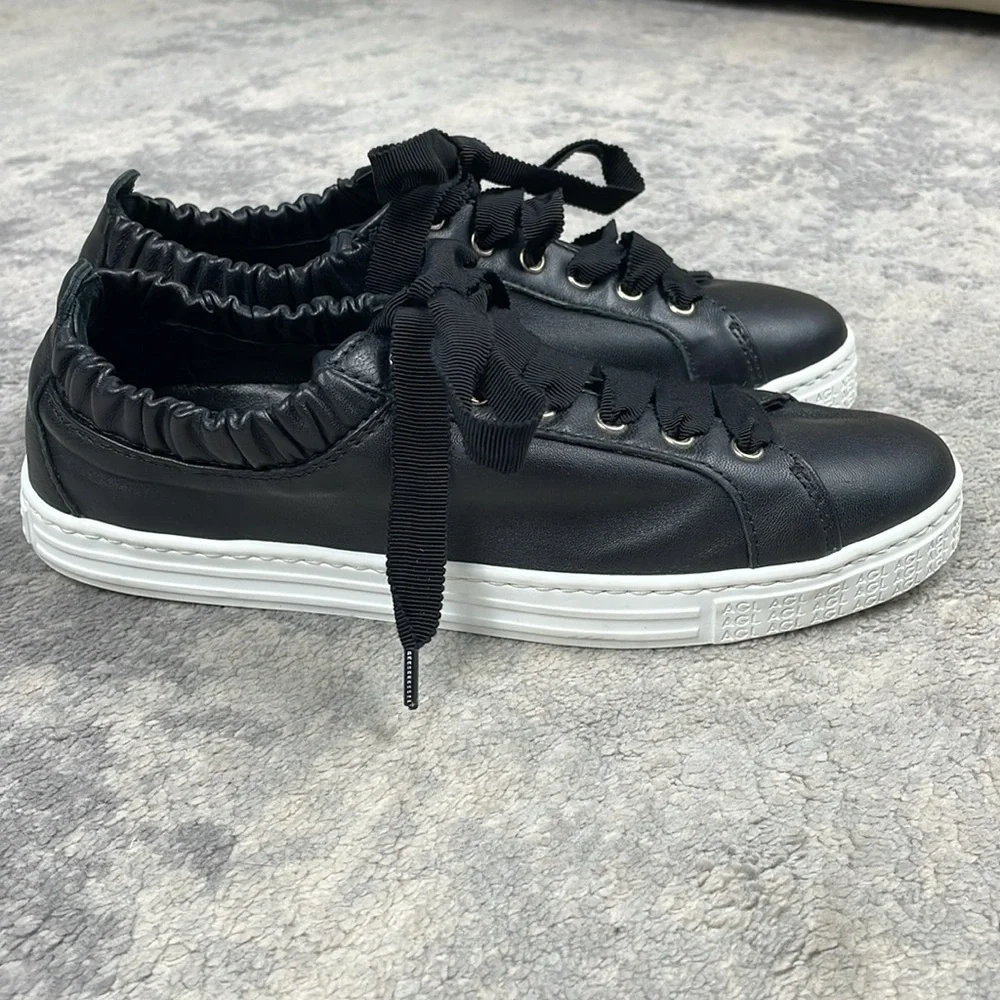 New AGL Suzie Elasticated Opening Sneakers Black Leather Lace Up Sz 36.5